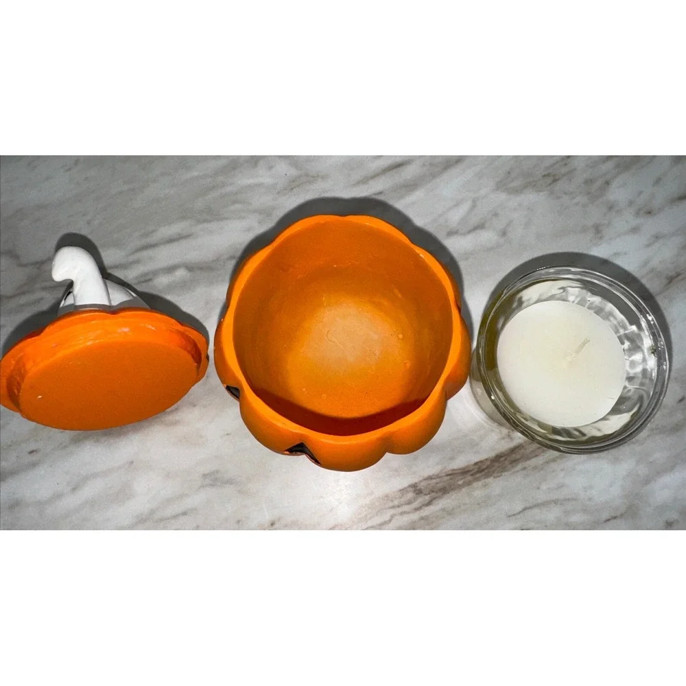 Vintage Ceramic Ghost on Pumpkin Lid Halloween Candle Holder Trinket Box‎